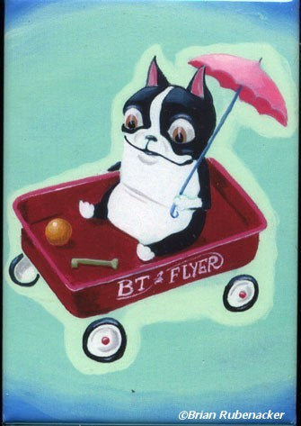 Boston terrier gift, Boston terrier magnet, Boston Terrier in a Red Wagon Waiting for a Ride magnet, dog magnet