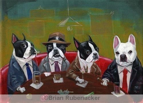 Three Boston Terriers and a French Bulldog  print by Brian Rubenacker, Boston terrier gift, French bulldog gift, Boston Terrier art, wall