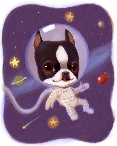 Boston Terrier gift, whimsical astronaut Boston terrier wall decor, Boston Terrier wall art print, home decor