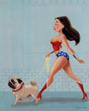 Pug gift, Wonder Woman walking a Pug, pug art, Wonder Woman art