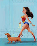 Wonder Woman walking a Dachshund, Dachshund gift wall art print, Dachshund wall and home decor, Dachshund art print