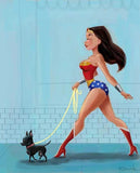 Chihuahua gift, Wonder Woman walking a black Chihuahua, Chihuahua wall art home decor, dog walker art, wonder woman gift