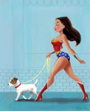 Wonder Woman walking a Jack Russell