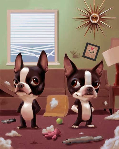 Mid Century Boston Terriers making a mess, boston terrier gift, boston terrier home decor wall art print