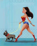 Wonder Woman walking a French Bulldog, french bulldog gift, french bulldog wall art print, wonder woman print, dog art decor