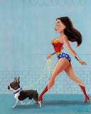Canvas Wonder Woman walking Boston Terrier
