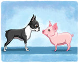 Boston terrier art, boston terrier art print, boston terrier with pig, pig art print, boston terrier gift, boston terrier wall decor