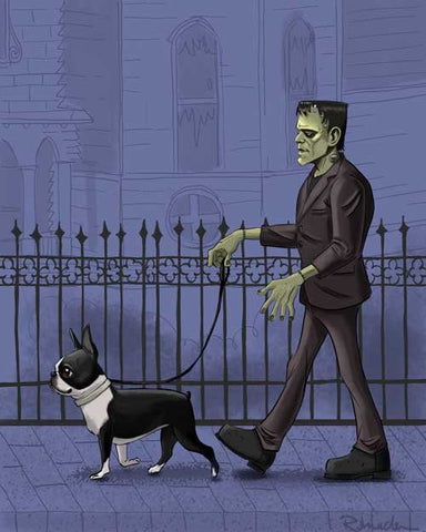 boston terrier art, print, frankenstein monster, bride of Frankenstein, walking a boston Terrier, Halloween decor, Boston Terrier gift